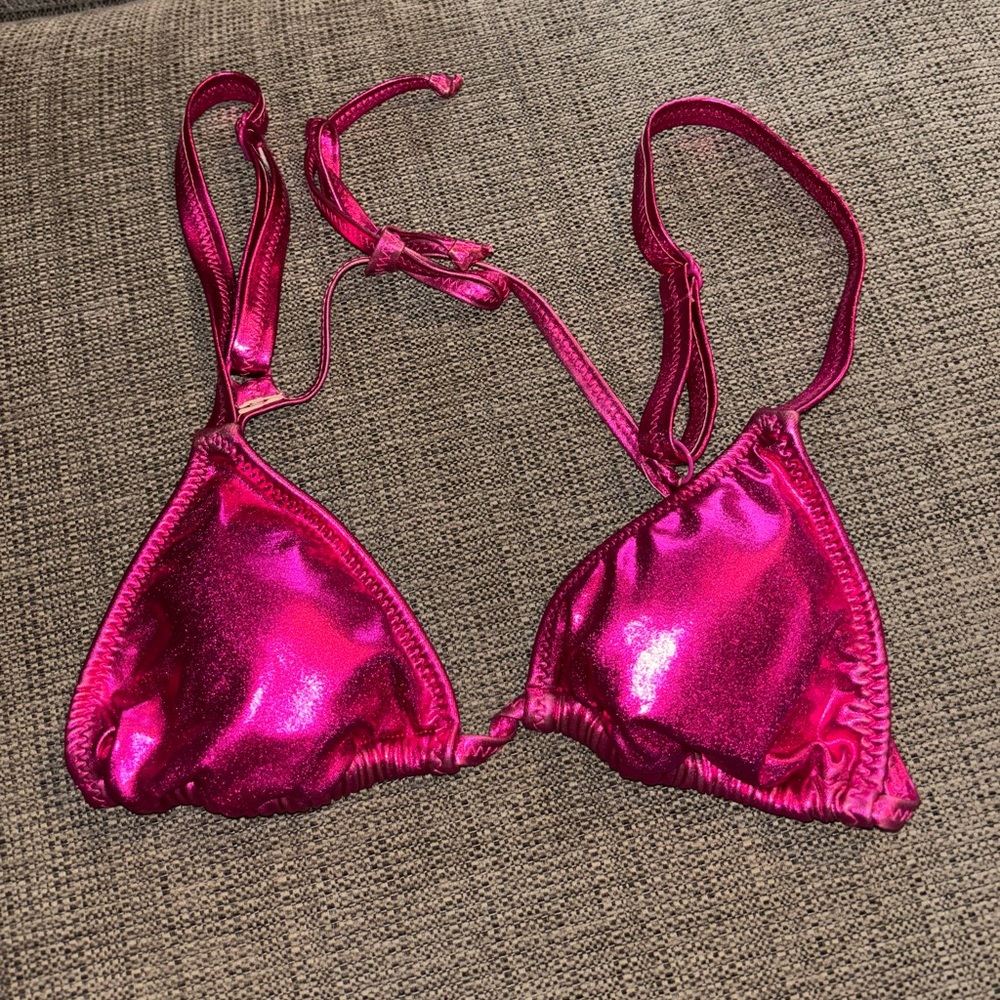Blue Hour Fuchsia Erica Chrome Shimmering Triangle Pink Bikini Top XS